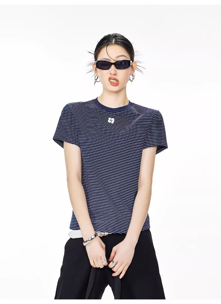 ICH MODE American Style Striped Slim Fit Short Sleeve T-Shirt for Women 2026 Summer New Hot Slim Shoulder Short Top White S 15