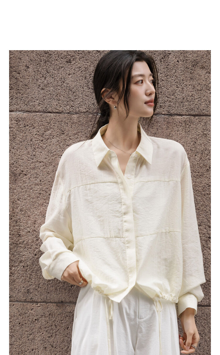 Demana Intellectual Spring Lapel Drop Shoulder Shirt with Drawstring Small Size Women's Top 11