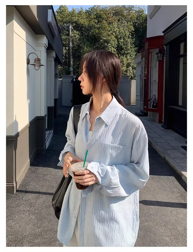 ICH MODE Textured Lazy Style Physical Sun Protection Long Sleeve Shirt Island Vacation White S 15