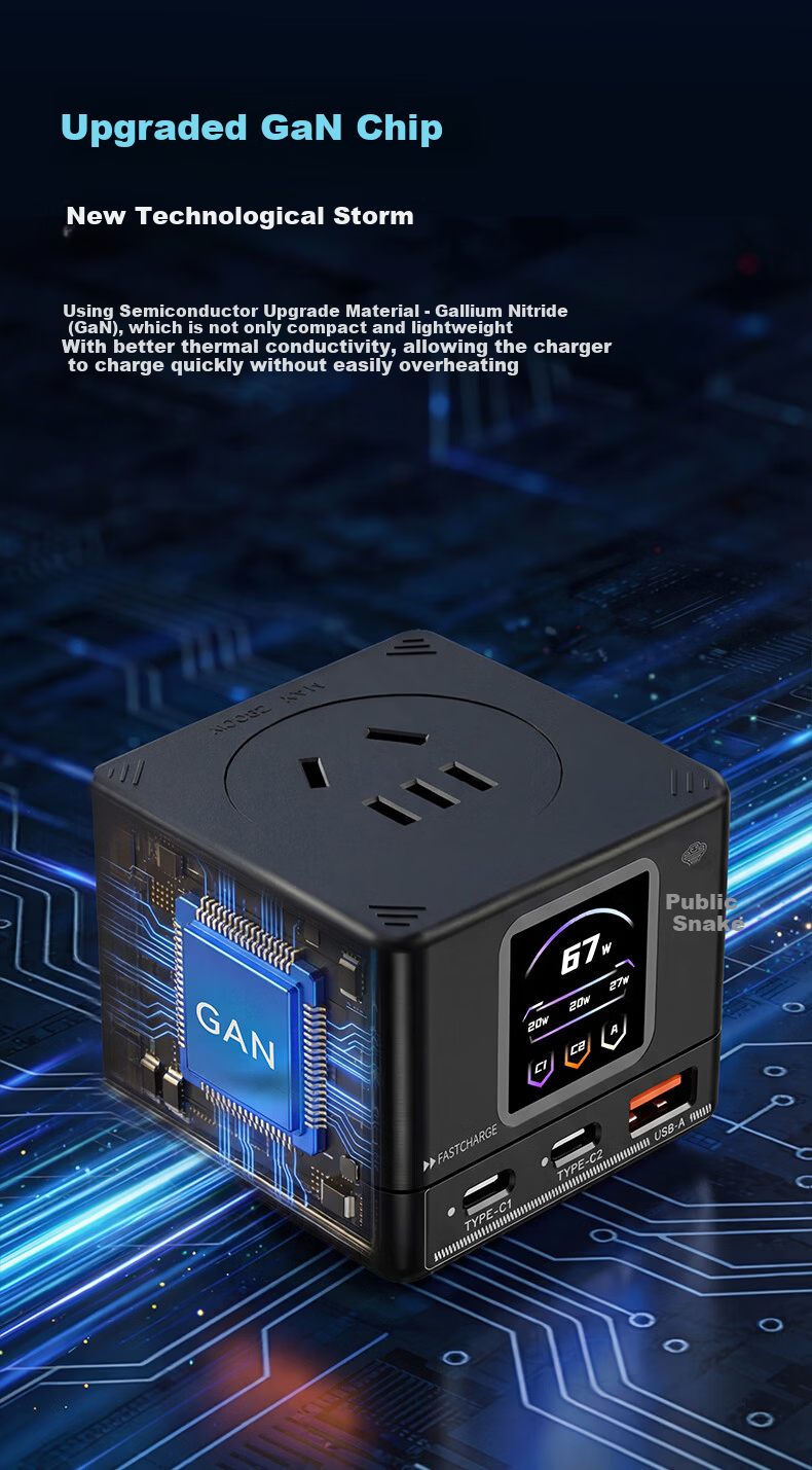 Gongshe Smart Digital Display GaN 67W Fast Charging Mini Socket / Type-C Desktop Charging Station / Gaming Power Strip / USB Power Strip Compatible with iPhone 17 2C1A+6 Outlets 2500W 11