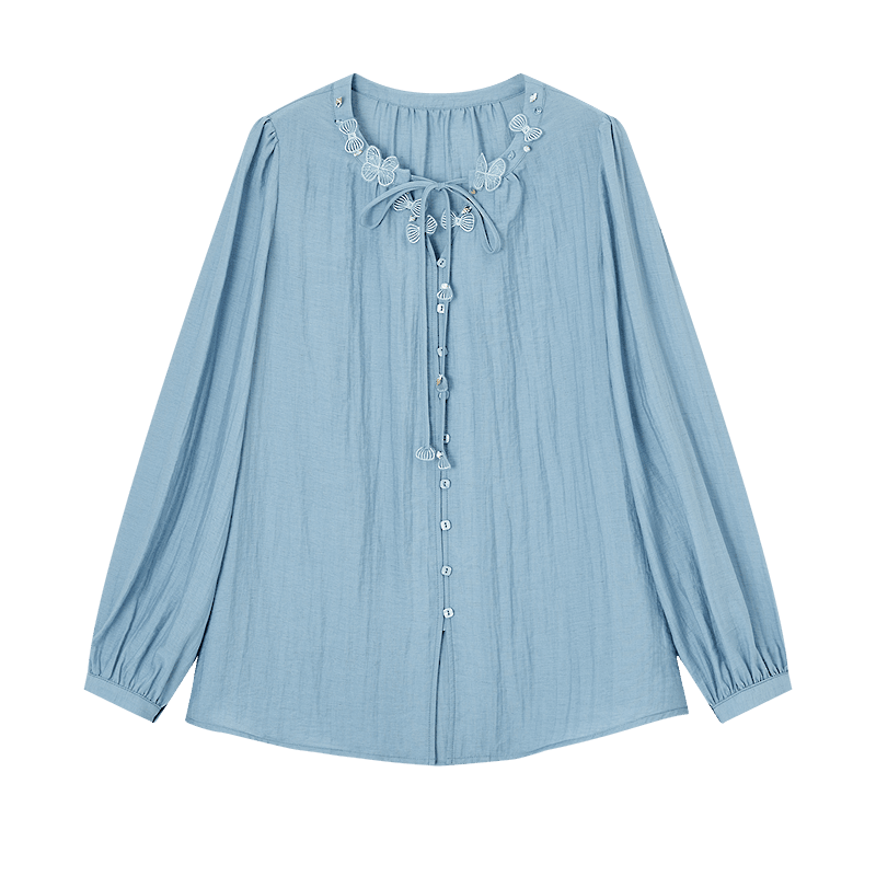 Demana [With Linen] Spring Sweet Style Ribbon Butterfly Shell Puff Sleeve Loose Fit Petite Women's Shirt