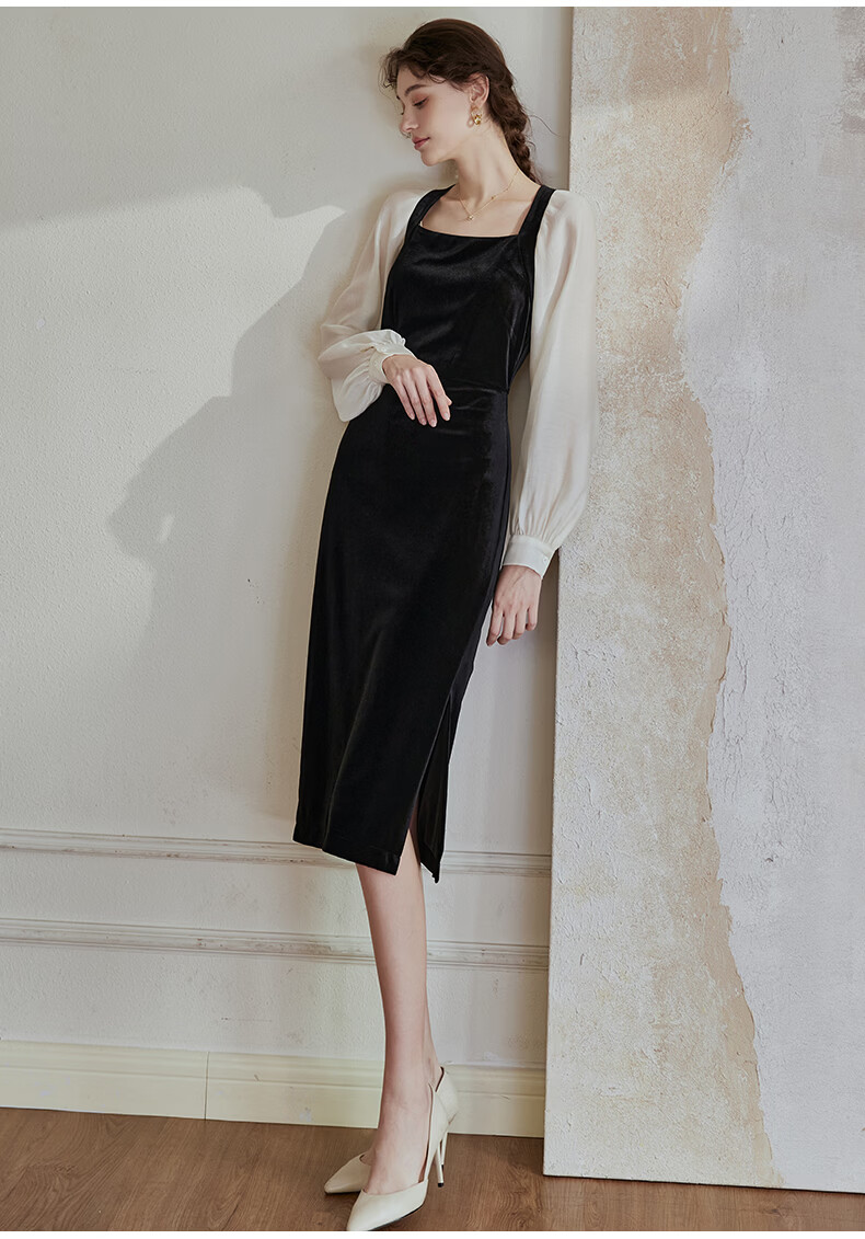ROEYSHOUSE French Style Women's Spring Vintage Patchwork Velvet Slim Dress 07942 Colorblock M 4