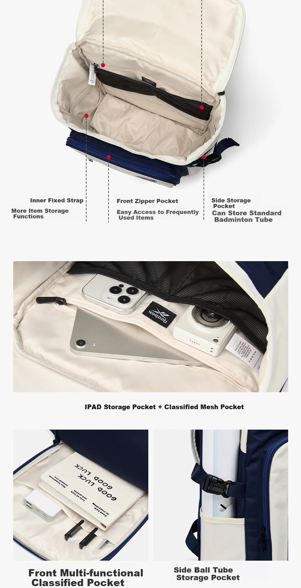 Reebok Badminton Backpack Men's Outdoor Double Shoulder Professional Tennis Training Bag Women's Racket Sports Bag Blue and White 6