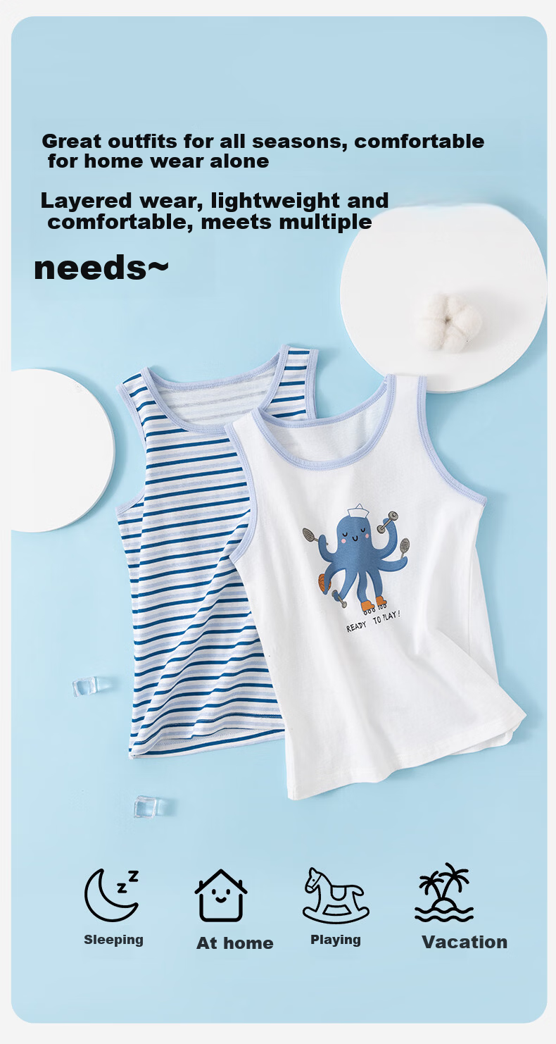 Dingguagua Boys' Cotton Breathable Vest 2-Pack Sleeveless Undershirts Belly Protection Spring Autumn Blue+Green Size 130 3
