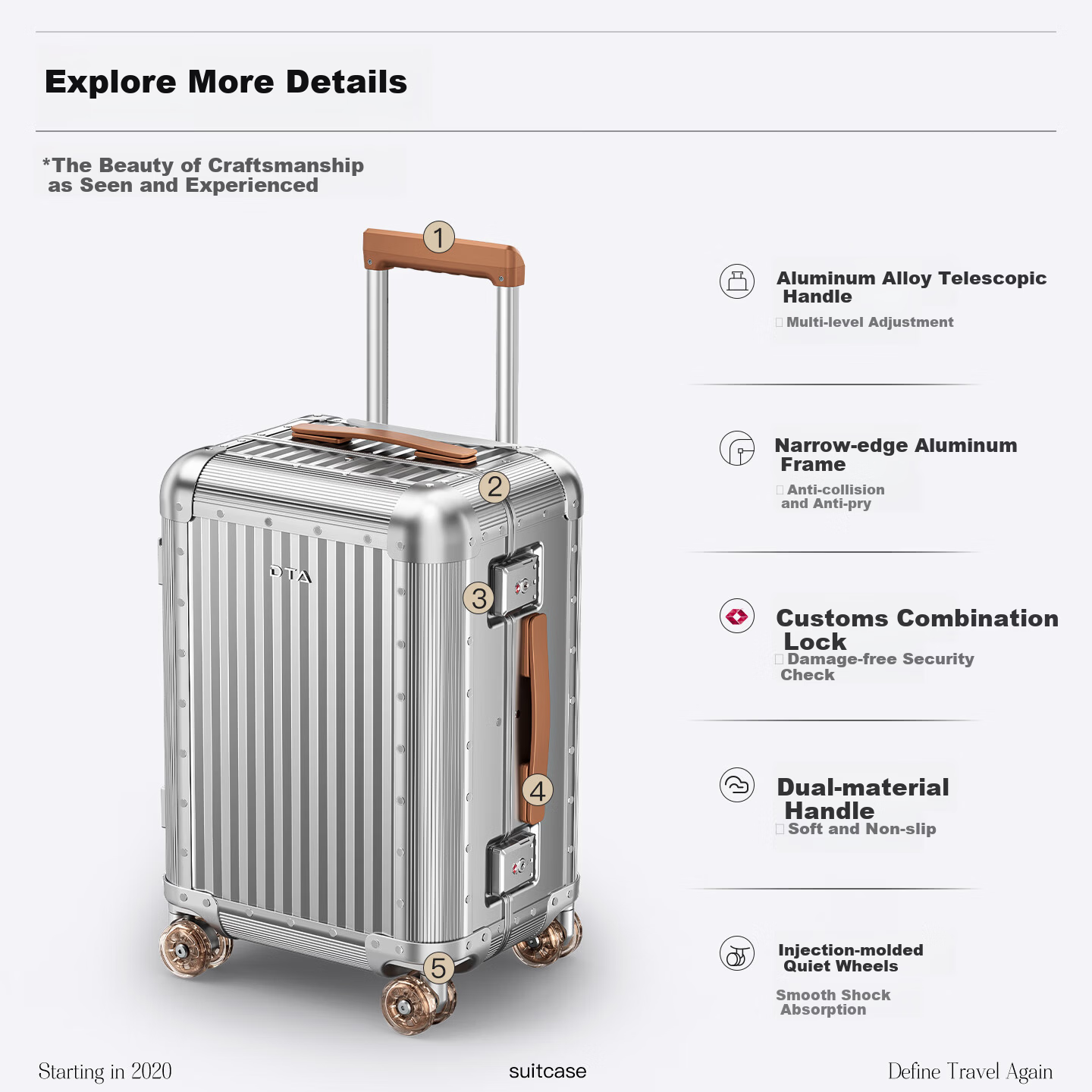 DTA Full Aluminum Magnesium Alloy Luggage Durable Unisex Carry-On Spinner Suitcase Business Travel Trolley Bag