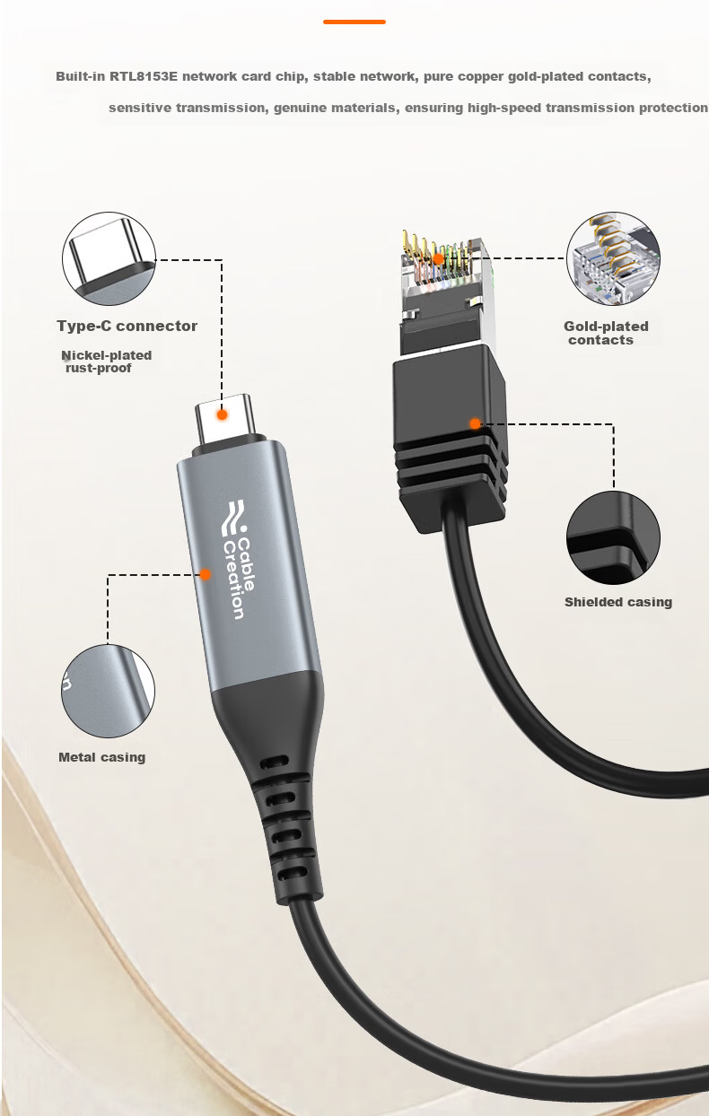 CABLE CREATION Type-C to RJ45 Gigabit Ethernet Cable High-Speed Direct Network Adapter for Smartphones, Laptops, Tablets, Router Connection, 1 Meter 6