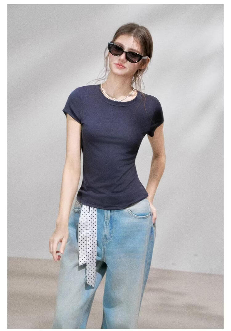 ICH MODE Lyocell Slim Fit Short Sleeve T-Shirt Women Skin-Friendly Cooling Flutter Sleeve Slimming Top Blue L 20