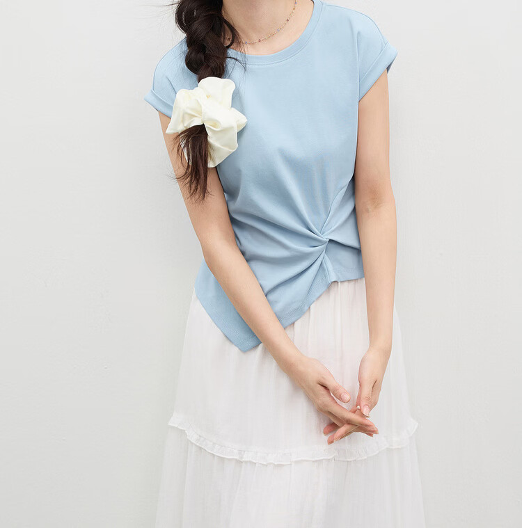 Shangdu Bira Raglan Sleeve Pure Cotton T-Shirt Women Spring Summer Crew Neck Knot Slim Fit Irregular Hem Tailored Casual Top 19