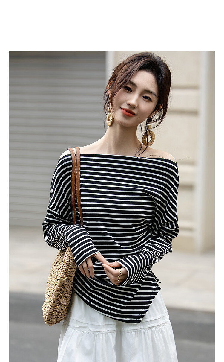 Demana [Light Oxygen Lyocell] Spring Urban Retro Style Asymmetric Collar Striped Stretch Slimming Concealing T-Shirt for Women Premium Feel 14