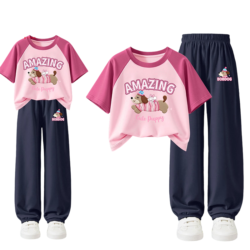 BOBDOG Girls Summer Outfit Casual Short Sleeve Sports Pants Set Berry Pink + Navy Blue 150