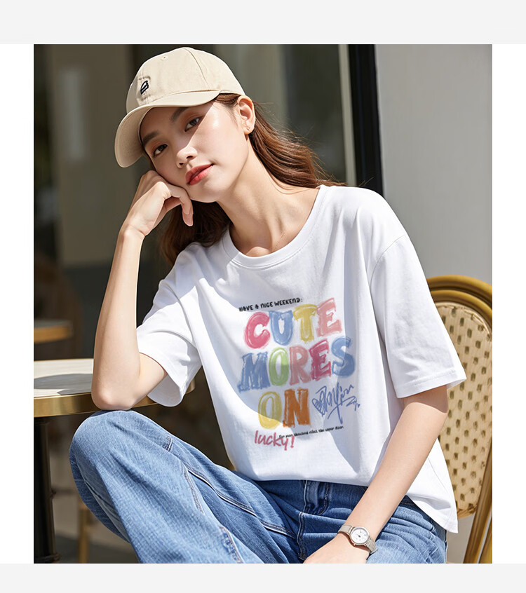 TonLion 2025 Women's Crew Neck Graffiti Text Cotton Short Sleeve T-Shirt Apricot Batch S 22