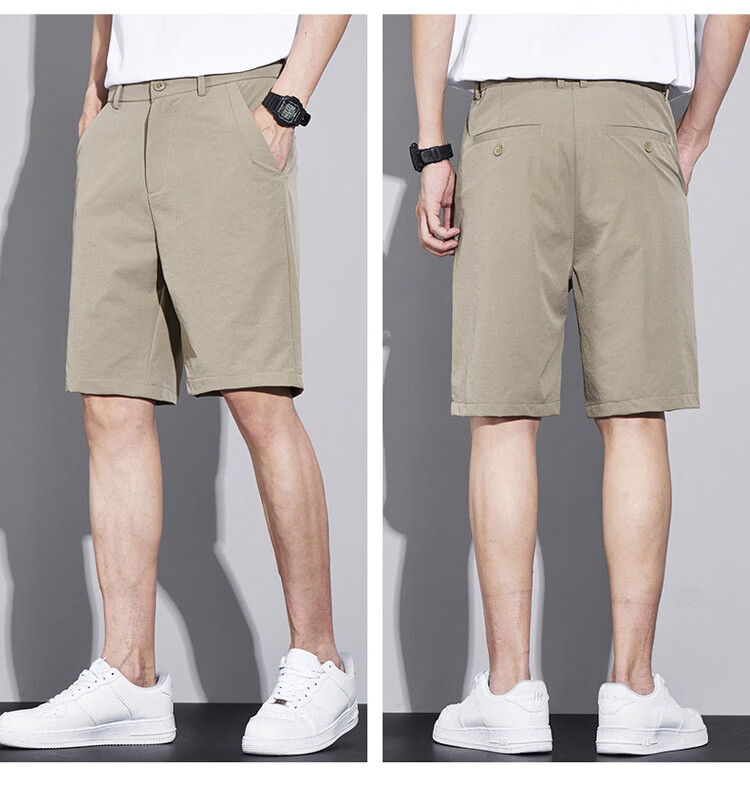ROMON Men's Ice Silk Summer Lightweight Business Casual Five-Point Straight-Leg Suit Shorts Khaki M 7