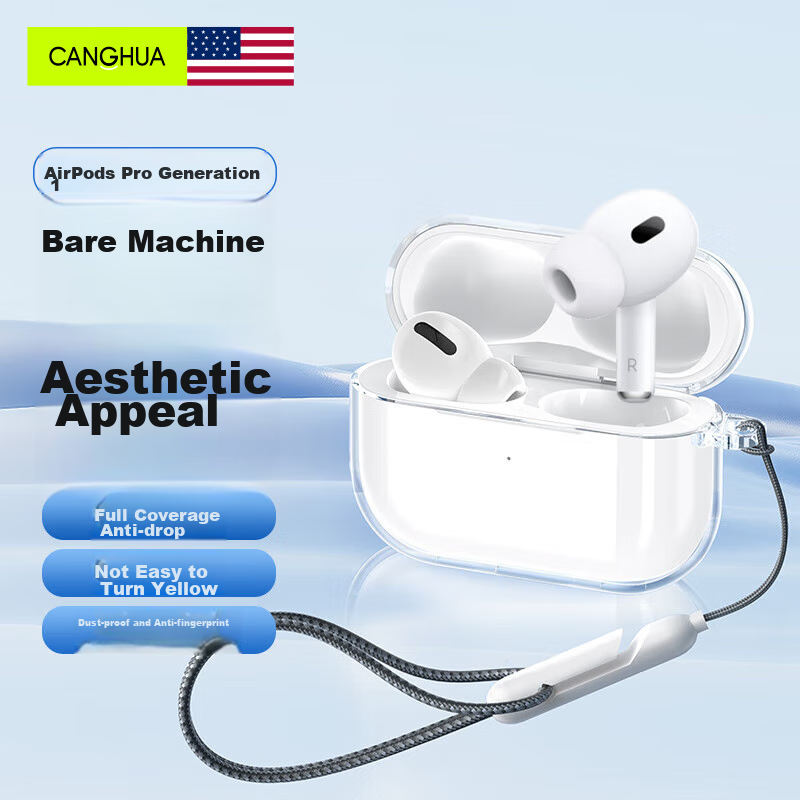 CangHua AirPods Pro Case, Compatible with First-Generation AirPods Pro, Transparent Protective Cover for Apple Earphones, Shockproof, Dust-Proof, Anti-Drop, with Lanyard Included