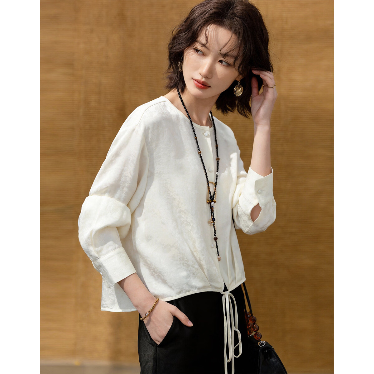 Demana [Moonlit Sea Glow] Spring National Style New Chinese Round Neck Jacquard Top Tie Loose Petite Women's Shirt