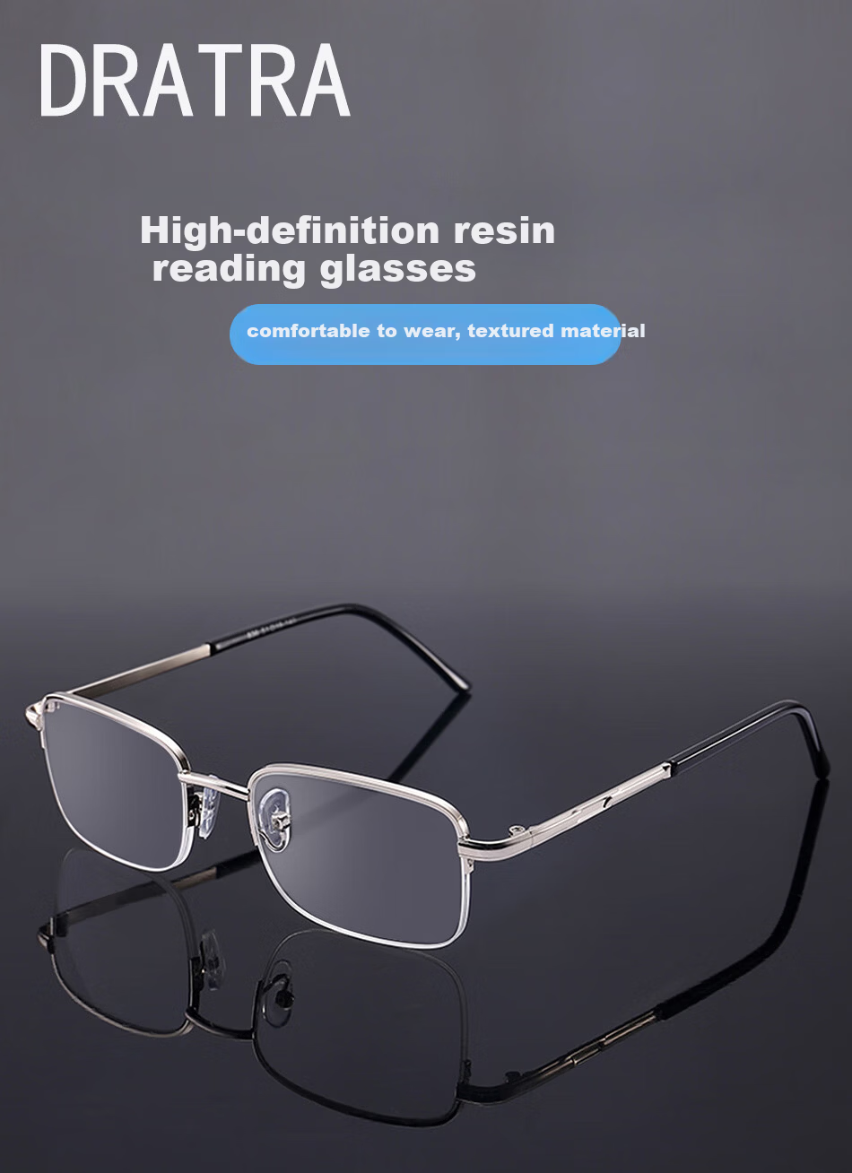 DRATRA HD Reading Glasses Resin Lenses Unisex Middle-aged and Elderly Fashion Metal Minimalist Frame Business Style 1
