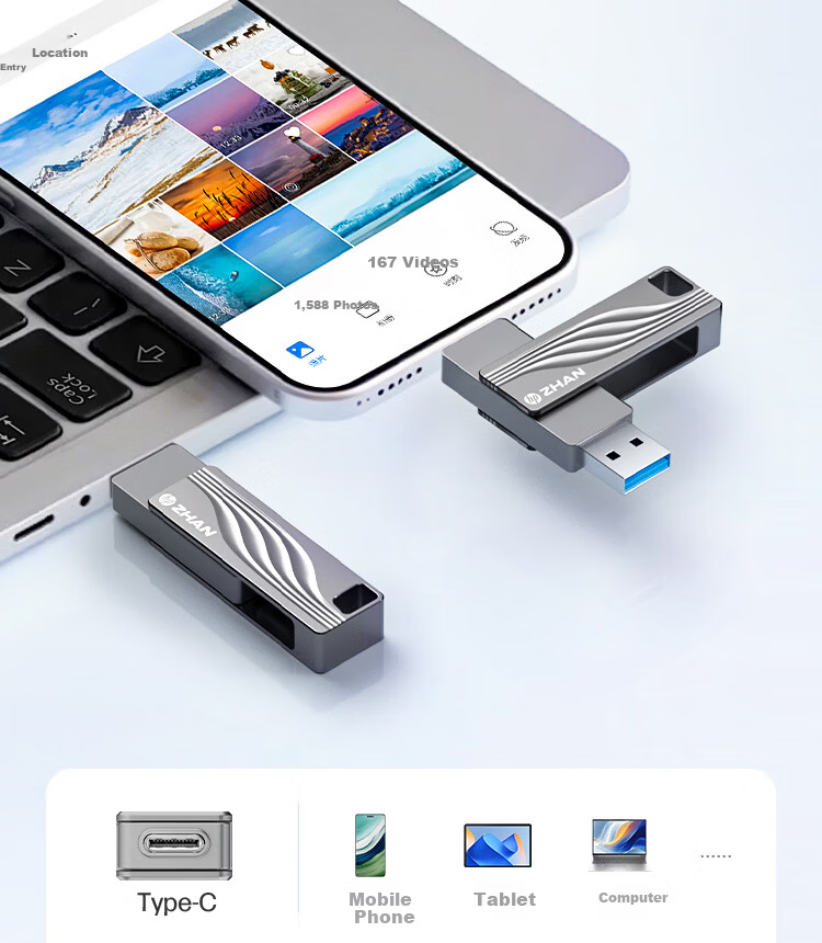 HP 256GB Type-C + USB 3.2 Dual Interface USB Flash Drive High-Speed Transfer Zhan66 Metal Rotating Office Car Backup Universal Phone and Computer Dual-Use USB Drive Silver 7