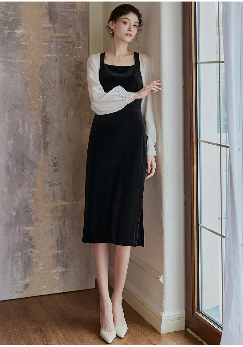 ROEYSHOUSE French Style Women's Spring Vintage Patchwork Velvet Slim Dress 07942 Colorblock M 3