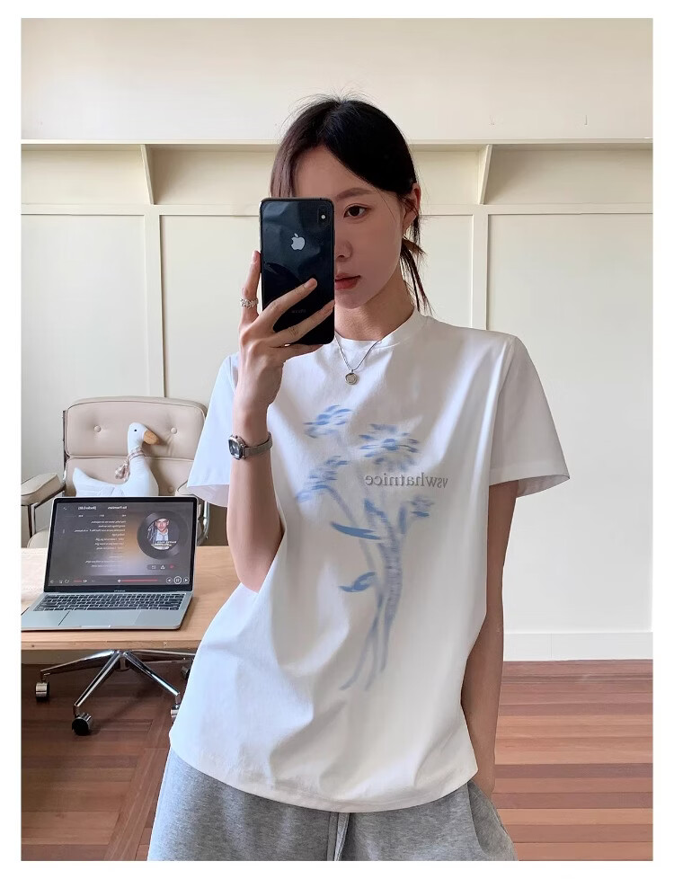 ICH MODE Floral Print Short Sleeve T-Shirt Women Spring Autumn New Korean Style Beautiful Shoulder Tee Navy Blue S 14