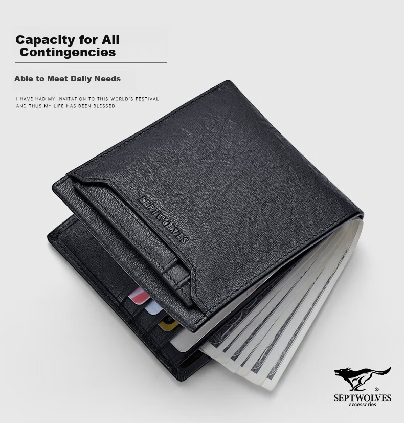 SEPTWOLVES Men's New Two-in-One Genuine Leather Large Capacity Wallet Card Holder Gift for Father Husband Birthday 7
