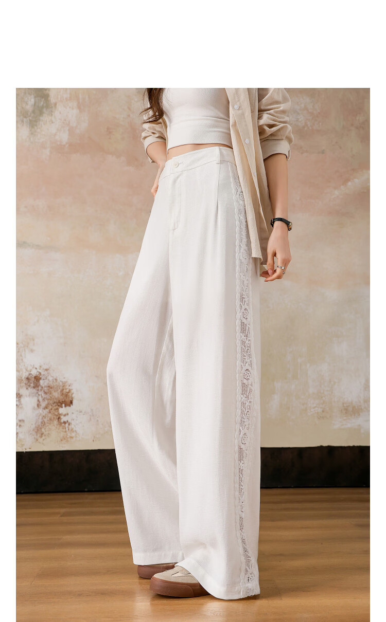 Demana [Linen Lyocell Blend] Spring Artistic Lace Trim Drawstring Straight Loose Slimming Women's Casual Pants 11