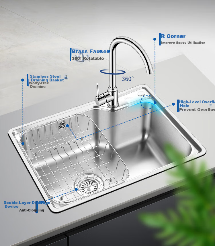 OULIN Single Bowl Sink Set 304 Stainless Steel Kitchen Sink with Copper Faucet Thickened Single Bowl 3