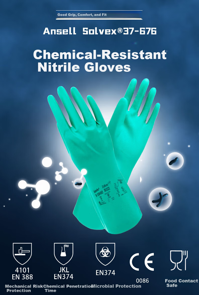 Ansell Acid and Alkali Resistant Solvent Chemical Protective Gloves Oil-Resistant Industrial Labor Safety Nitrile Rubber Gloves 37-676 (3 Pairs) Size 8/M 1