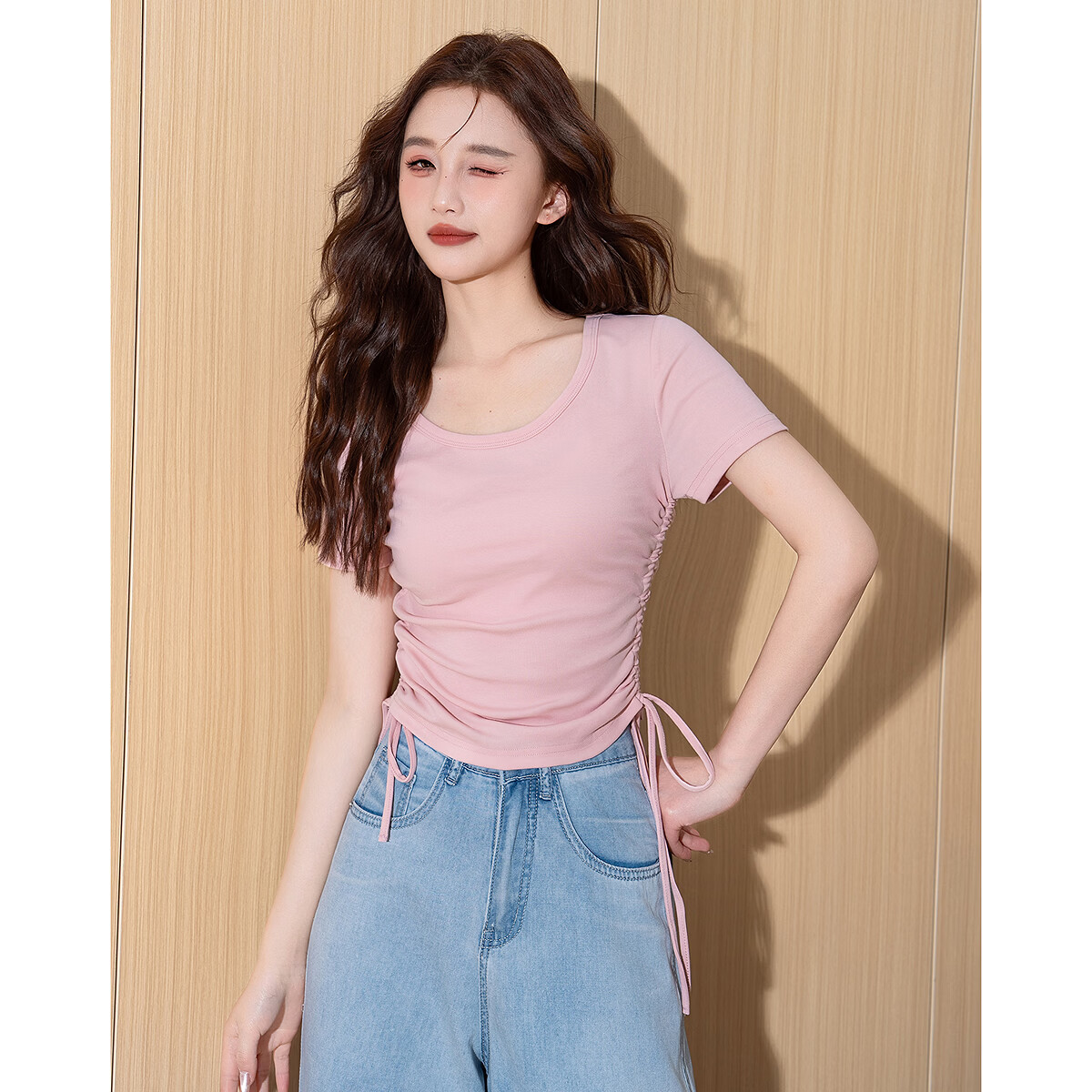 TonLion Tang Lion 2026 Spring Women's Knitted U-Neck Drawstring Short Sleeve T-Shirt Light Pink M