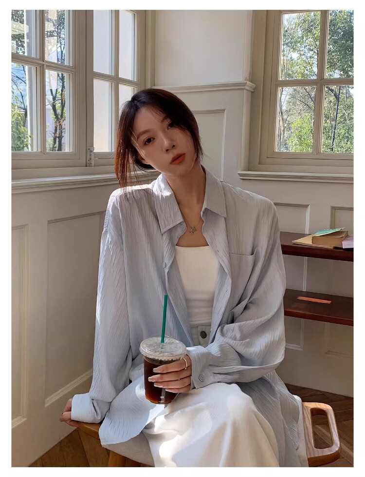ICH MODE Textured Lazy Style Physical Sun Protection Long Sleeve Shirt Island Vacation White S 12