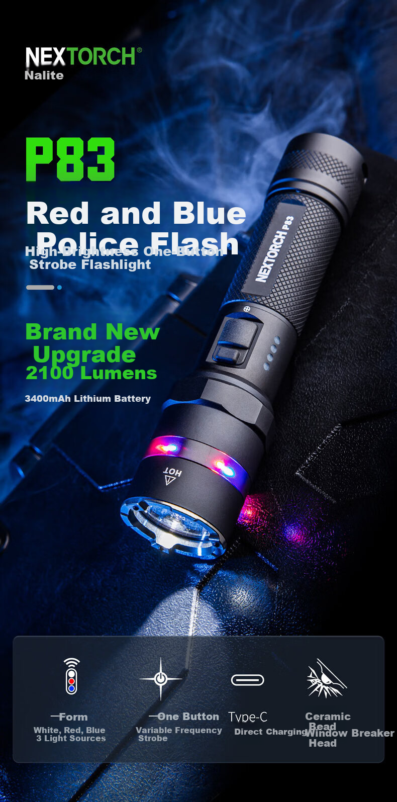 NEXTORCH P83 Red Blue Flash Tactical Flashlight Security Patrol Duty High Brightness 2100 Lumens Outdoor Torch 1