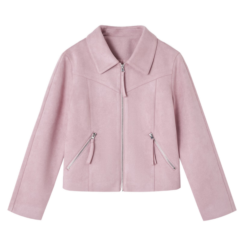 Mt [Mist Wild Rose] Spring Sweet Cool Style Suede Lapel Zipper Loose Short Women's Jacket Coat
