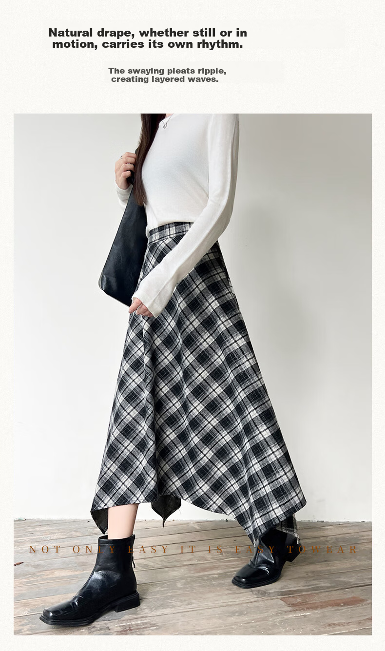 BOPRUIEY Vintage Plaid Irregular Women's Skirt 2025 New Autumn Winter A-Line Casual Mid-Length Skirt 9