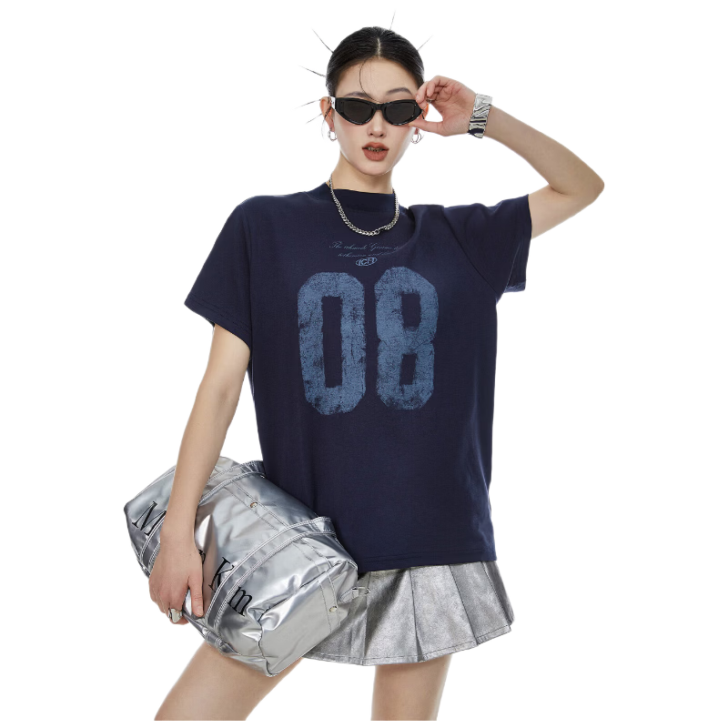 ICH MODE Women's American Slim Fit Shoulder T-Shirt 2026 Summer New Printed Short Sleeve Sports Top White L