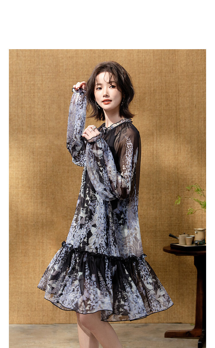 Demana Elegant Chiffon Spring Ruffle Collar Printed Two-Piece Slim Fit Dress for Women 11