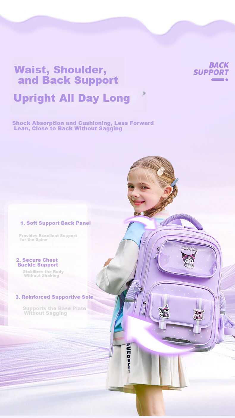 Sunshine 8 O'clock Kuromi School Backpack for Girls, Children's Ergonomic Spine Protection, Lightweight, Grades 1-3-6, High-Value Cute Double Shoulder Bag 7