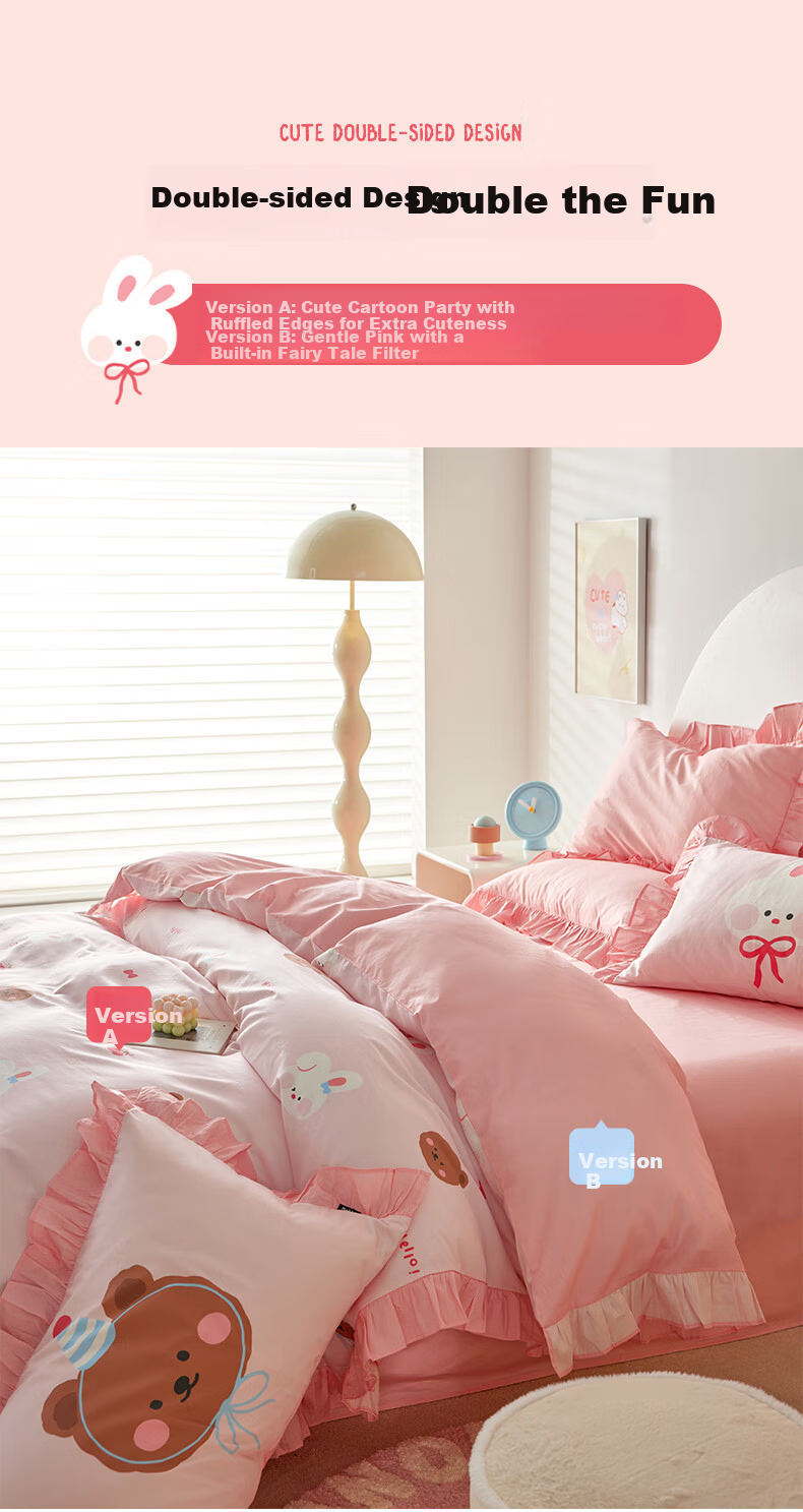 Dohia Pure Cotton 4-Piece Bedding Set 60s Cotton Sateen Double Bed Sheet and Duvet Cover Set 1.5m Bed 203x229cm Ruffled Edge Style 10