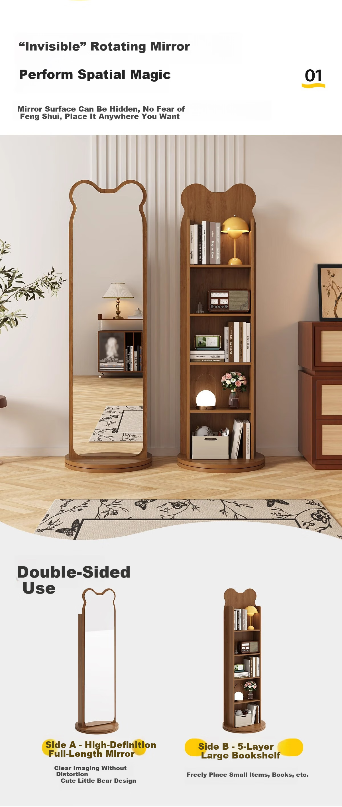 Millennium Huafu Bear Rotating Dressing Mirror Full-Length Floor Mirror with Magazine Rack Rotating Storage Dressing Mirror 165*36 Black 2