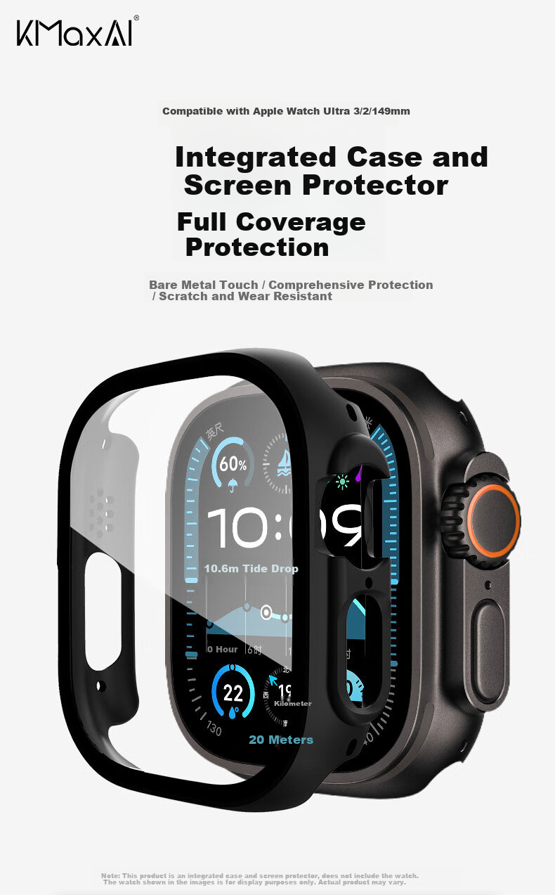 KMaxAI Apple Watch Ultra 3 Protective Case and Screen Protector 2nd/1st Gen Integrated Tempered Glass Film for Apple Watch Ultra 3 49mm Transparent Protective Cover 1