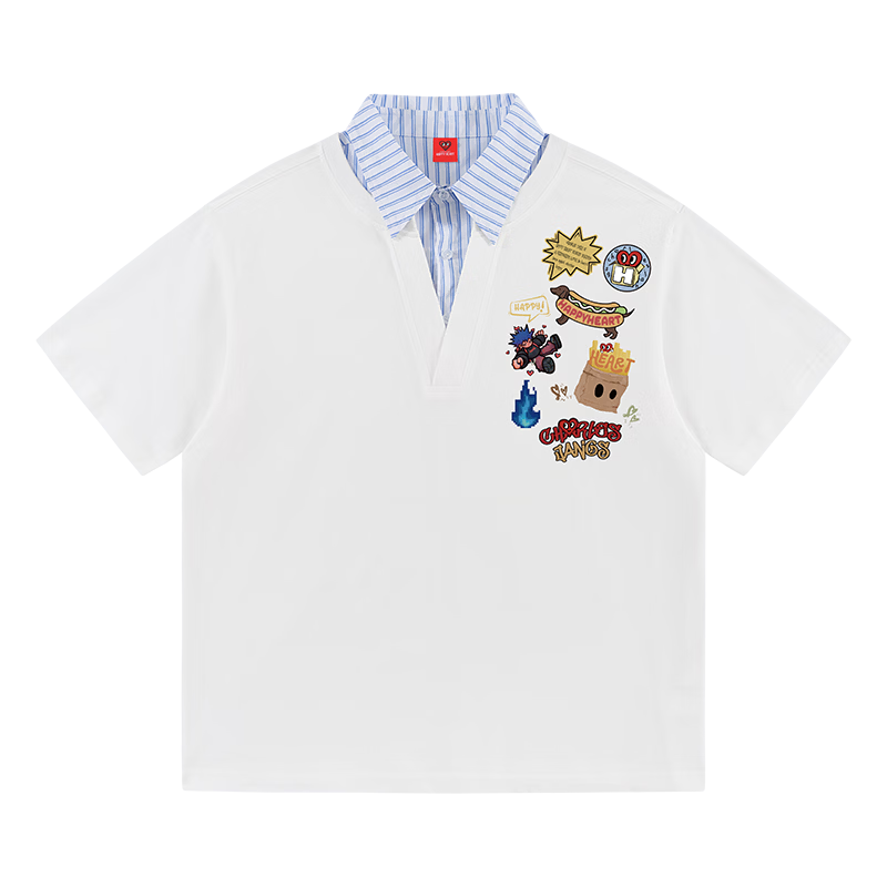 Charles Peach Heart Summer Fake Two-Piece Fun Badge Print Couple Pure Cotton Short Sleeve Polo Shirt Unisex Off-White M