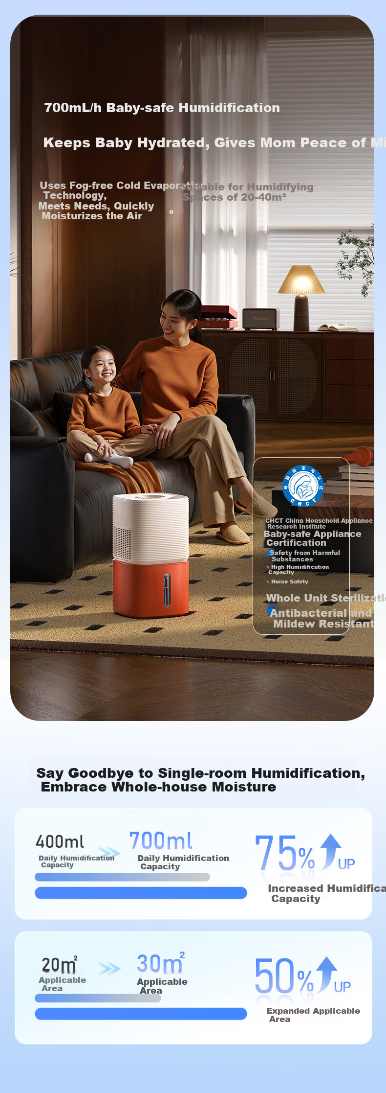 Deye H7 Air Humidifier, 700ml/h Fast Mist-Free Humidification, 6L Large Capacity, Silver Ion Antibacterial, Removable, Quiet for Home Bedroom Office, Baby-Safe 3
