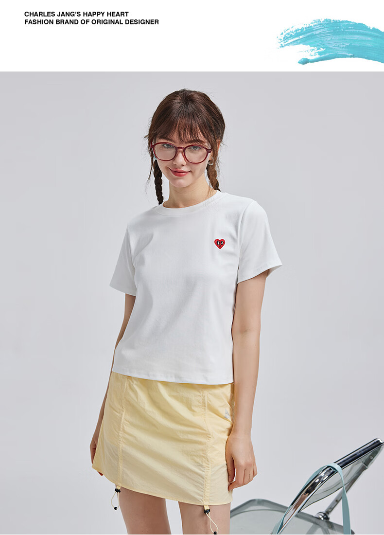 Charles Peach Heart Summer Simple Small Heart Logo Women's Slim Fit Short Sleeve T-Shirt Casual Versatile White F 7