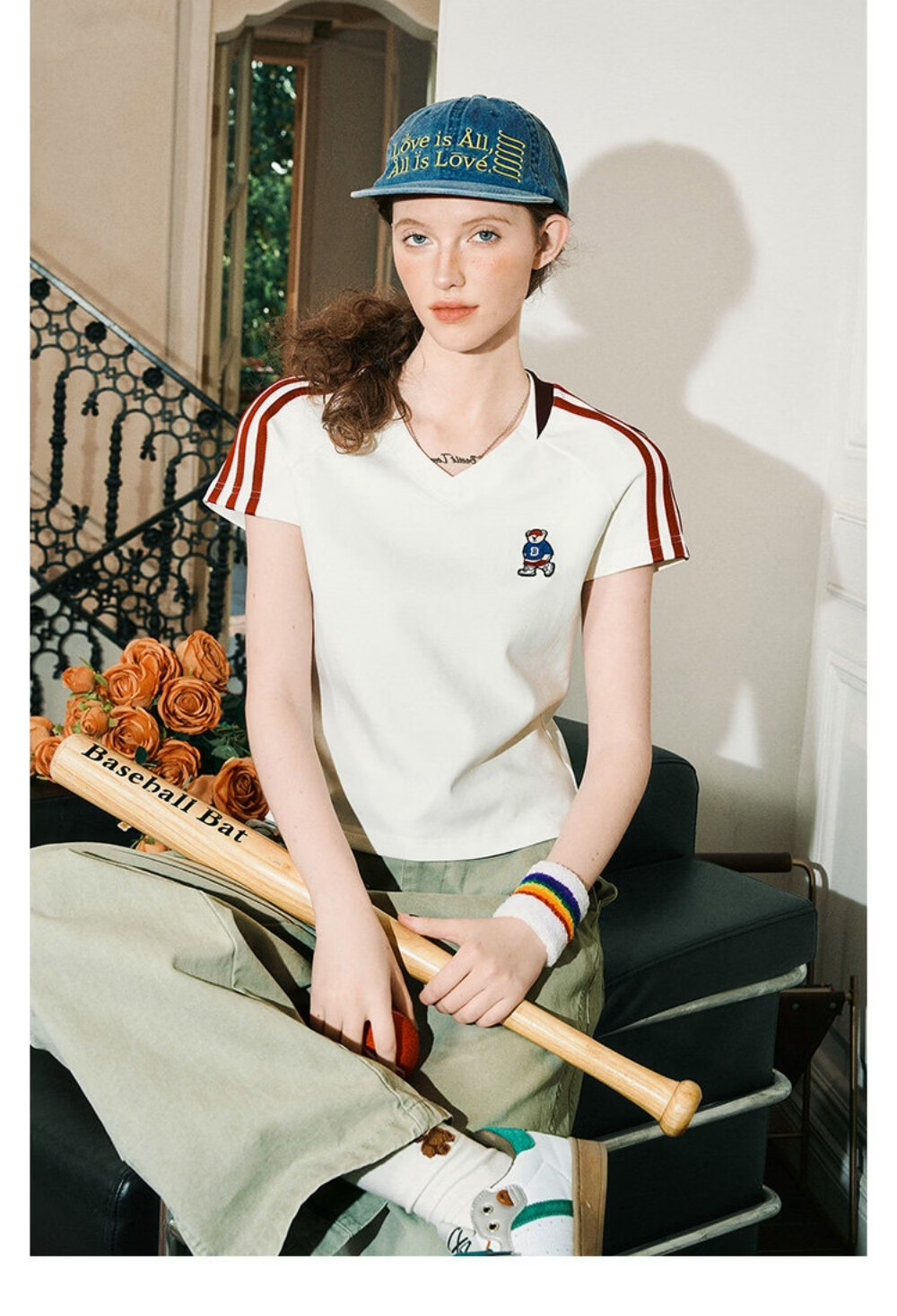 ICH MODE Raglan Stripe V-Neck Short Sleeve T-Shirt Women Summer Bear Series Sorona Cooling Top Black M 20