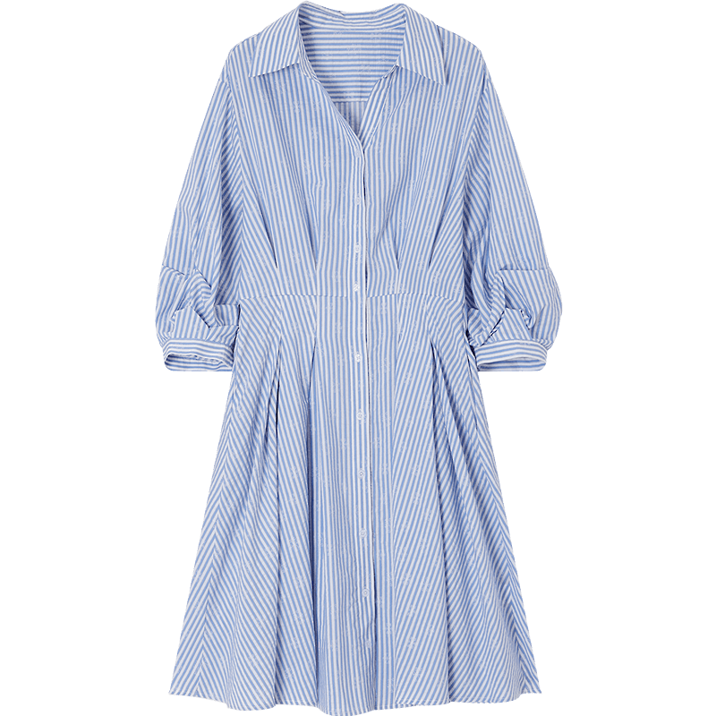 Demana [Lyocell Cotton Blend] Spring Smart Commuter Striped Embroidered Half-Sleeve Waist-Cinched A-Line Women's Dress