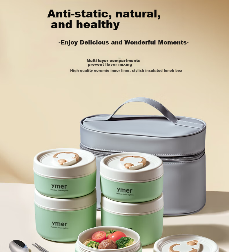 Ymer Insulated Lunch Box Microwaveable Ceramic Set Green 2-Pack (One Large, One Small) 3