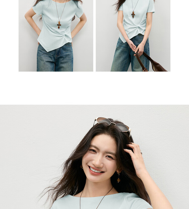 Shangdu Bila Off-Shoulder Pure Cotton T-Shirt Women Spring Summer Twist Knot Irregular Hem Short Sleeve Slimming Top 23