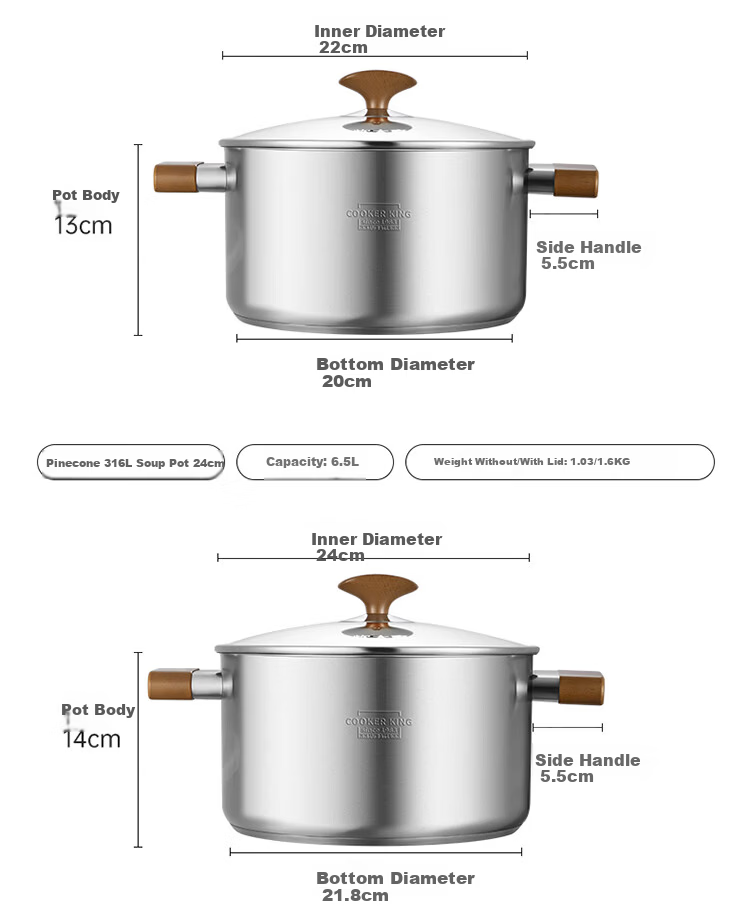 COOKER KING 316L Stainless Steel Soup Pot Baby Food Supplement Pot Stew Pot Steamer Double Handle Porridge and Noodle Cooking Pot 22cm 11