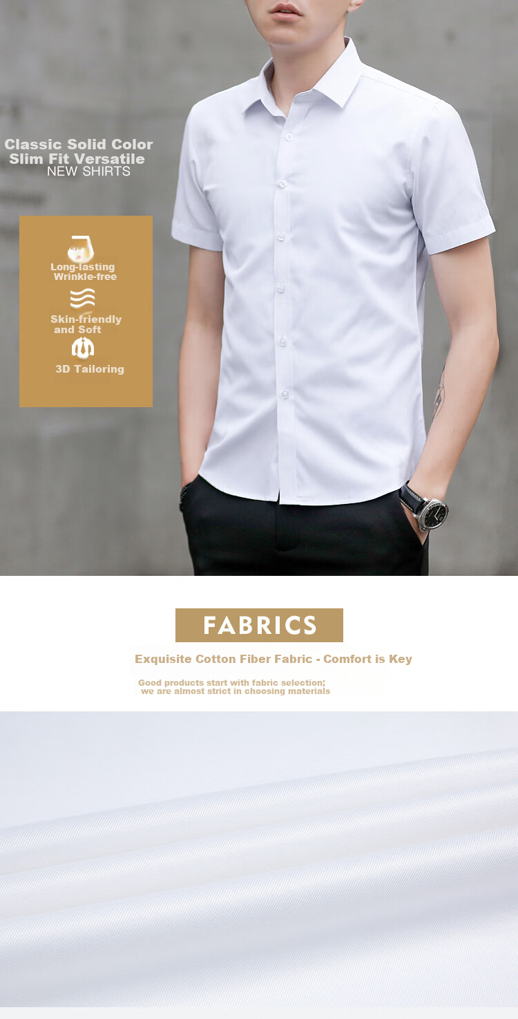Woodpecker Plain Solid Color Men's Summer Business Wrinkle-Free Dress Shirt Suit Groomsman Long Sleeve White 41 40