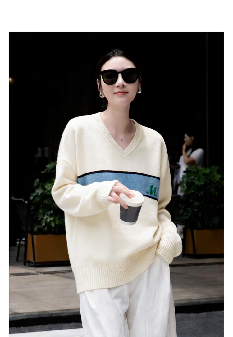 MT Warm Soft Yarn Spring Simple Colorblock Jacquard V-Neck Loose Knit Sweater for Women 3