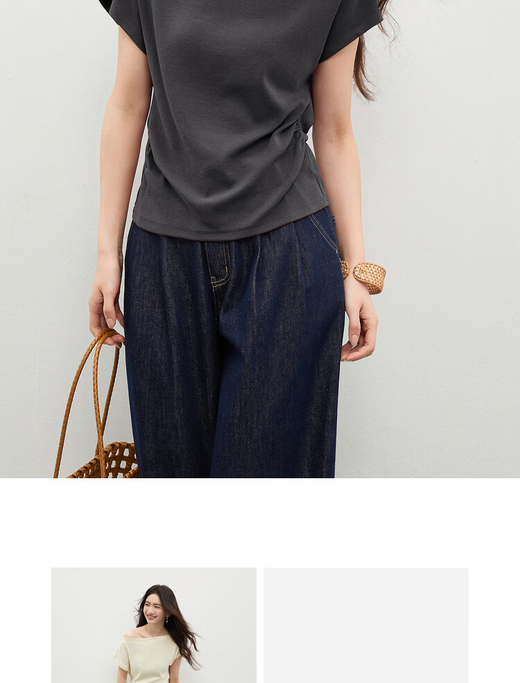 Shangdu Bila Back Waist Hollow Out Pleated Cotton Blend T-Shirt Women Spring Summer Petite Raglan Short Sleeve Slim Fit Top 14