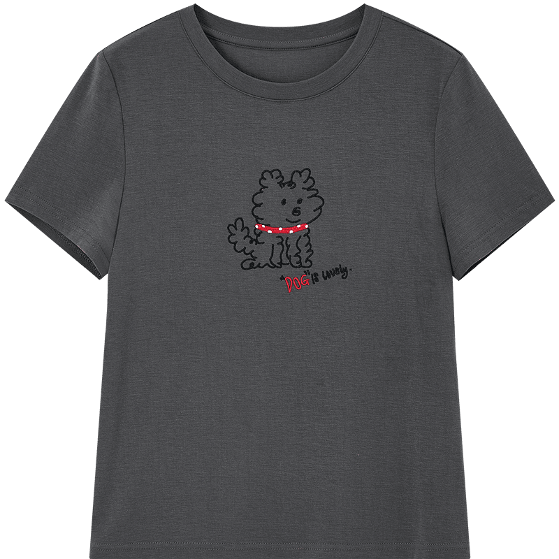 Demana [with Lyocell] Summer Crew Neck Puppy Line Print Short Sleeve High Elastic Slim Fit T-Shirt for Women Premium Feel