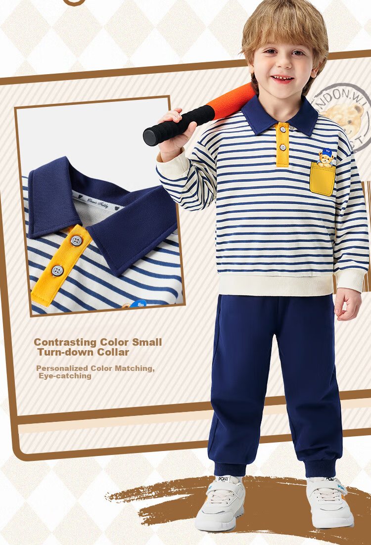 Classic Teddy Boys' Polo Shirt and Sweatpants Set, Dark Blue, Size 120, Spring Collection 3